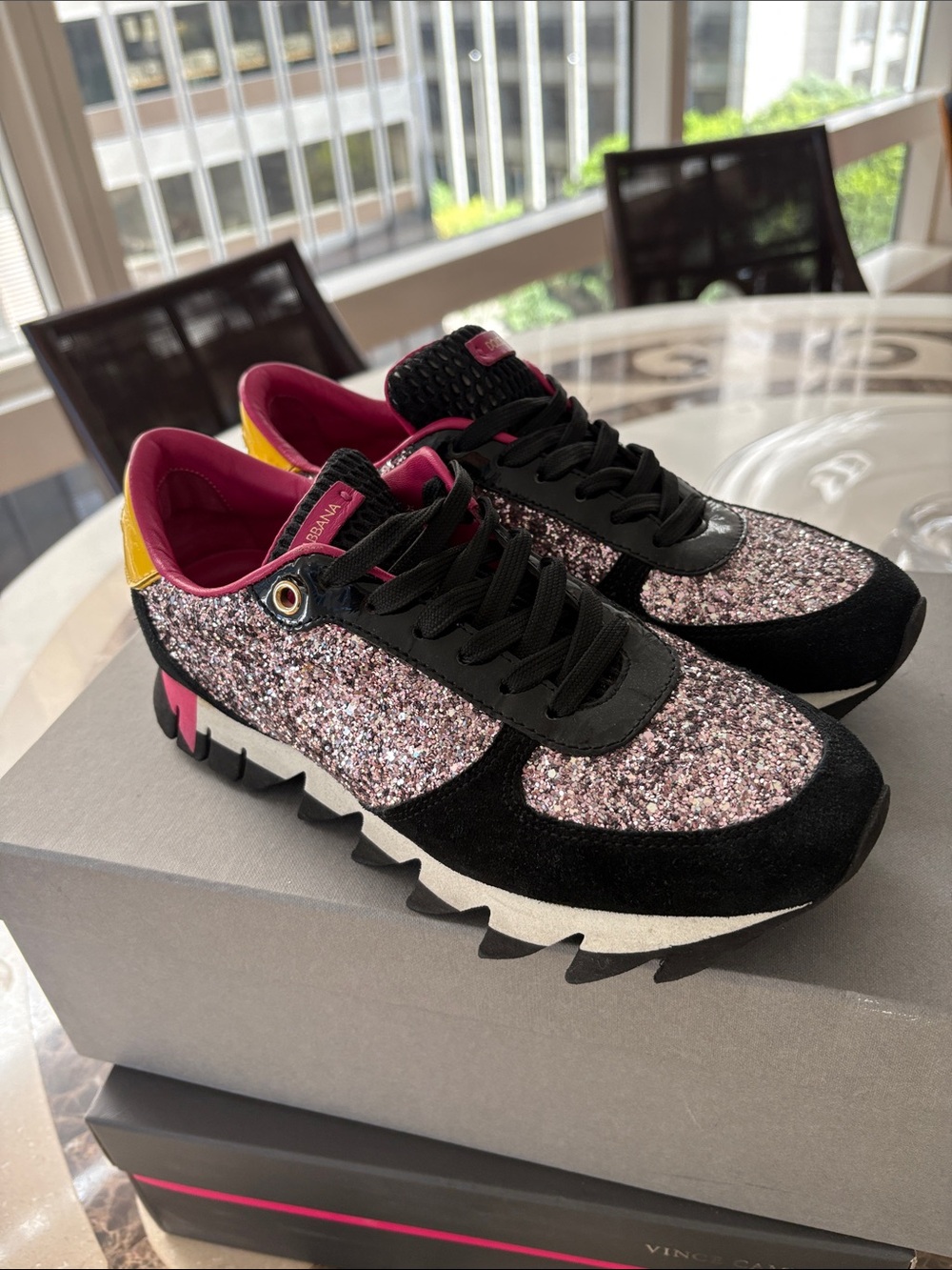 Dolce & Gabbana Black Suede & Pink Glitter Sneakers with Yellow Heel Accent